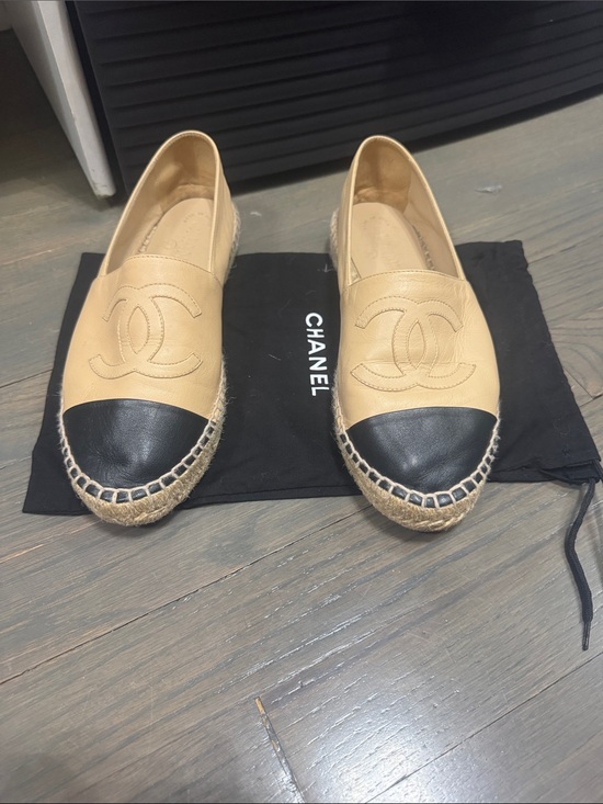 CHANEL Shoes - CHANEL Beige Leather Espadrille Flats with Black Cap Toe